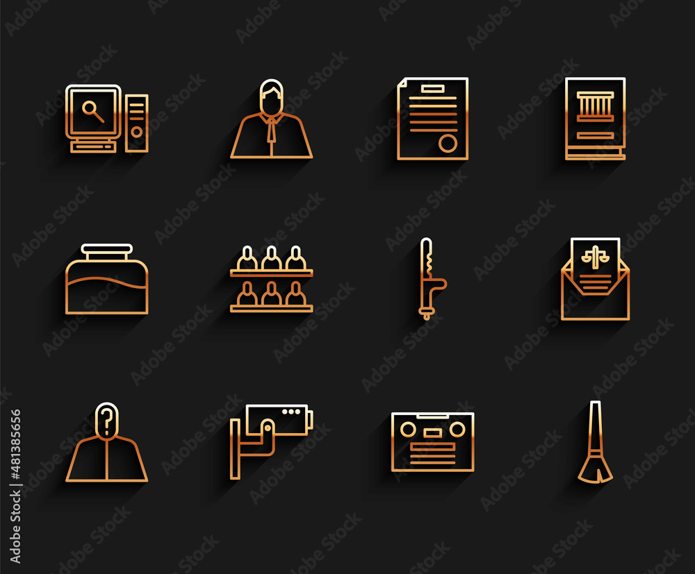 Poster set line anonymous with question mark, security camera, search computer screen, retro audio cassette