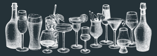 Bar banner or menu design with hand-sketched glasses and bottles. Vector sketches of alcoholic drinks and cocktails. Popular alcohol beverages hand-drawings on chalkboard