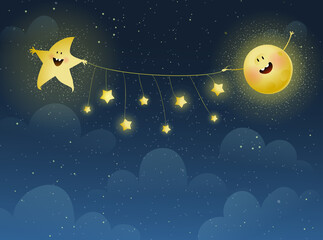 Moon and Star holding garland of stars at dark cosmos sky. Stars at night cute moon kids wallpaper design. Dark blue cosmos scene with clouds and star at night. Vector design in watercolor style.