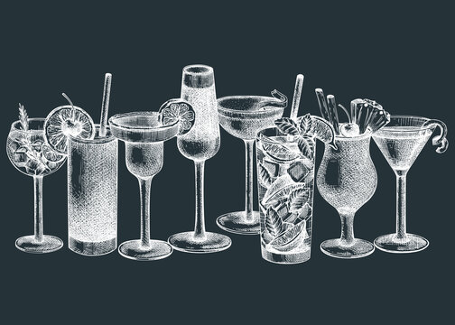 Hand-sketched cocktail illustration Vector sketches of alcoholic drinks in elegant glasses. Popular alcohol cocktails vintage hand-drawing. Perfect banner design for bar or restaurant menu