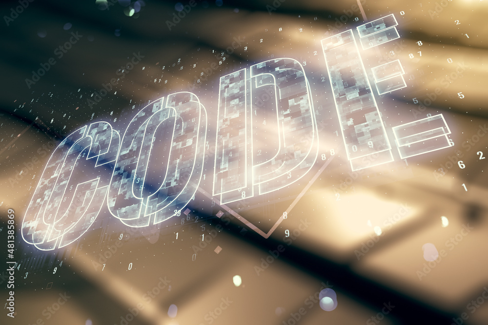 Poster code word hologram on blurry metal background, artificial intelligence and neural networks concept. 