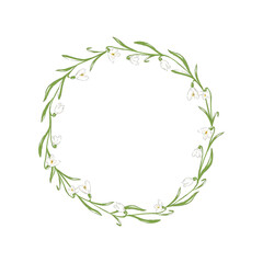 Snowdrops hand drawn flower wreath vector illustration isolated on white. Vintage Romantic spring floral round frame. Botanical floral arrangement for wedding invitation, Birthday, Easter design