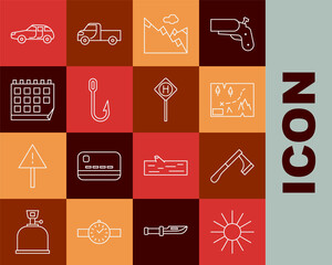 Set line Sun, Wooden axe, Folded map with location, Mountains, Fishing hook, Calendar, Car and Parking icon. Vector