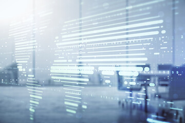 Multi exposure of abstract creative digital world map hologram on a modern meeting room background, research and analytics concept