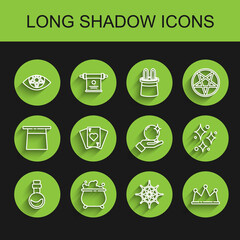 Set line Bottle with love potion, Witch cauldron, Pentagram, Spider web, Crown, Playing cards, Sparkle stars magical glitter and Magic ball hand icon. Vector