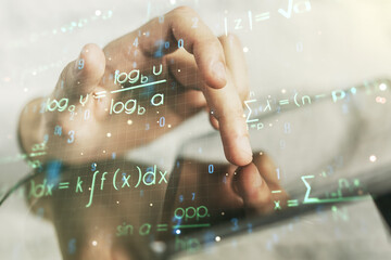 Creative scientific formula hologram and hand working with a digital tablet on background, research...