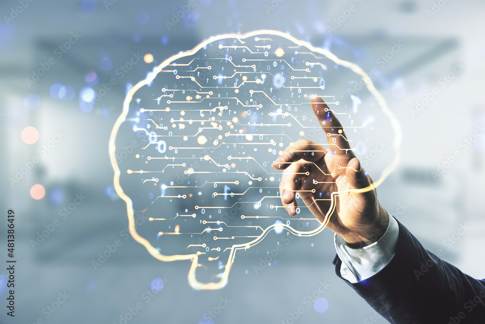 Aufkleber man hand clicks on virtual creative artificial intelligence hologram with human brain sketch on blur