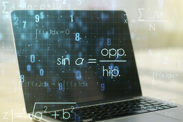 Creative scientific formula concept on modern laptop background. Multiexposure
