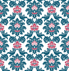 Vector baroque seamless damask texture. Blue floral pattern for wrapping paper, retro background or wallpaper. Flower and leaf carpet