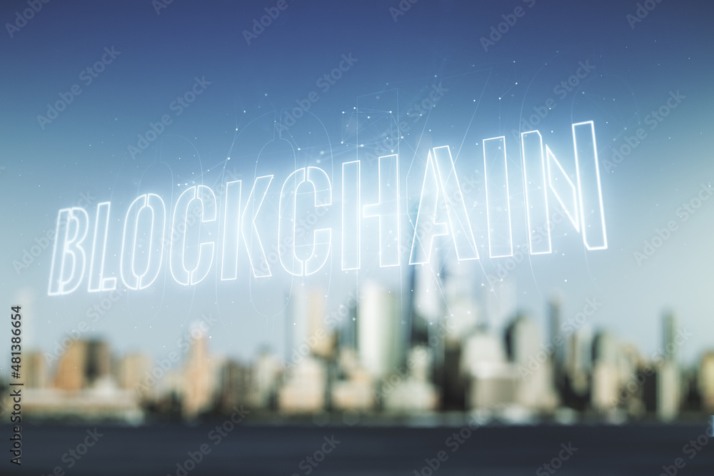 Aufkleber abstract virtual blockchain technology sketch on blurry office buildings background, future technolo