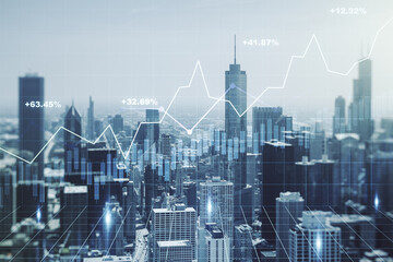 Multi exposure of virtual creative financial chart hologram on Chicago skyscrapers background,...