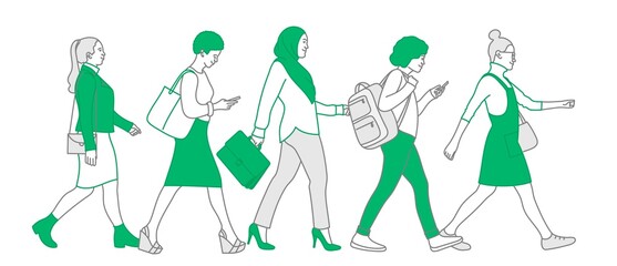 Vector illustration of people. Women walking on city street.