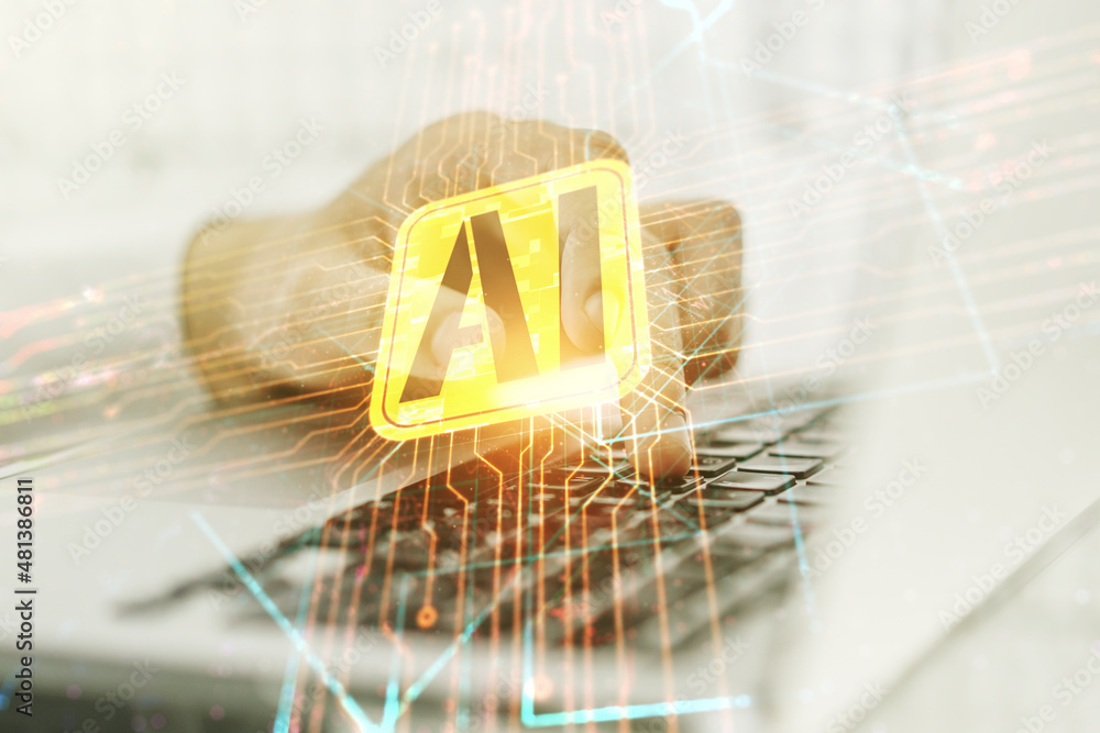 Poster double exposure of creative artificial intelligence icon with hands typing on laptop on background. 