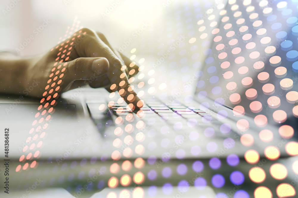 Poster creative abstract upward arrows hologram and hands typing on computer keyboard on background, leader