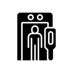 Airport border security black glyph icon. Metal detector. Illicit border crossing and trading prevention. Monitoring and safeguard. Silhouette symbol on white space. Vector isolated illustration