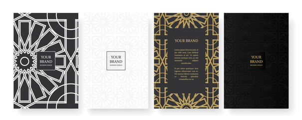 Luxury gold curve pattern cover design set. Elegant geometric ornament on golden background. Premium vector collection for rich brochure, luxe invite, royal wedding template