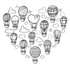 Doodle vector set of hot air balloons with clouds. Colorful hand draw illustration flying vehicles. Romantic balloons. Sky with tourist balloons for flight. Cartoon style
