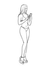 Young attractive Woman in Bikini texting and looking on Mobile Device while walking Lineart - 481387054