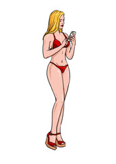 Young attractive Woman in red Bikini texting and looking on Mobile Device while walking Illustration - 481387055