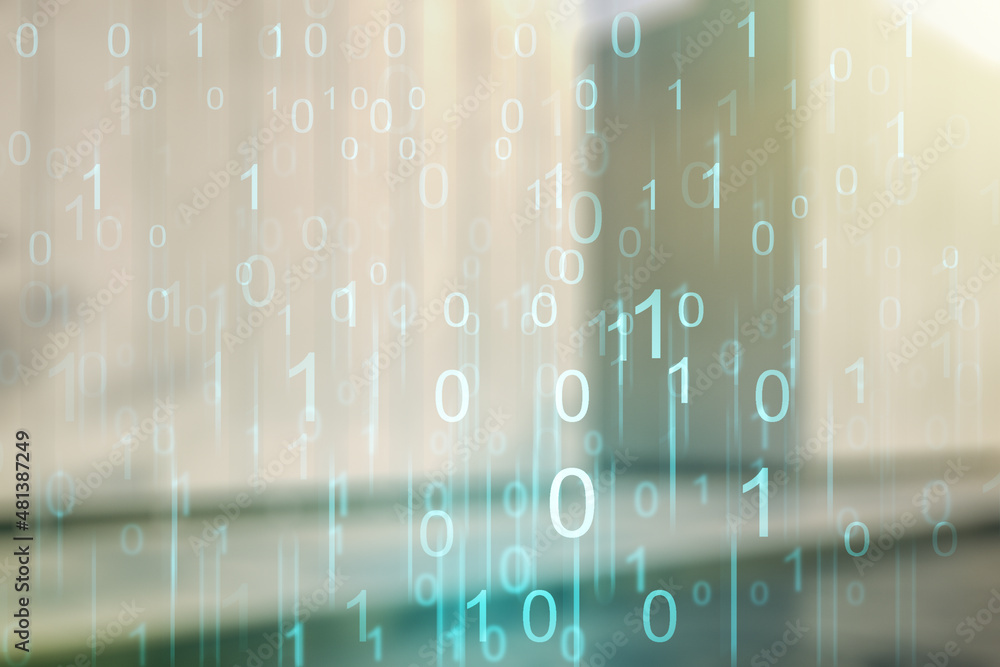 Poster abstract virtual binary code hologram on blurry contemporary office building background, ai and mach