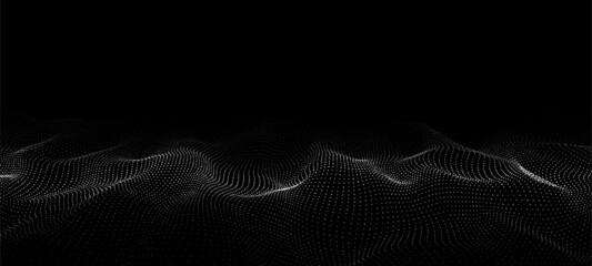 Futuristic digital wave. Dark cyberspace. Abstract vector wave with dots. White moving particles on background.