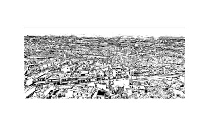 Building view with landmark of Malia is the 
town in Greece. Hand drawn sketch illustration in vector.