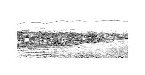 Fototapeta premium Building view with landmark of Malia is the town in Greece. Hand drawn sketch illustration in vector.