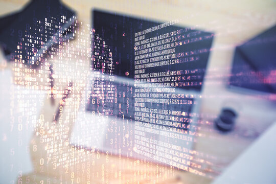 Creative concept of code skull illustration on modern laptop background. Hacking and phishing concept. Multiexposure - Powered by Adobe