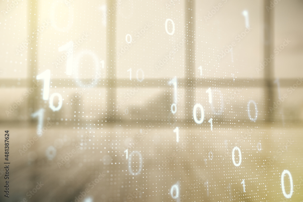 Poster abstract virtual binary code hologram on abstract empty interior background, ai and machine learning