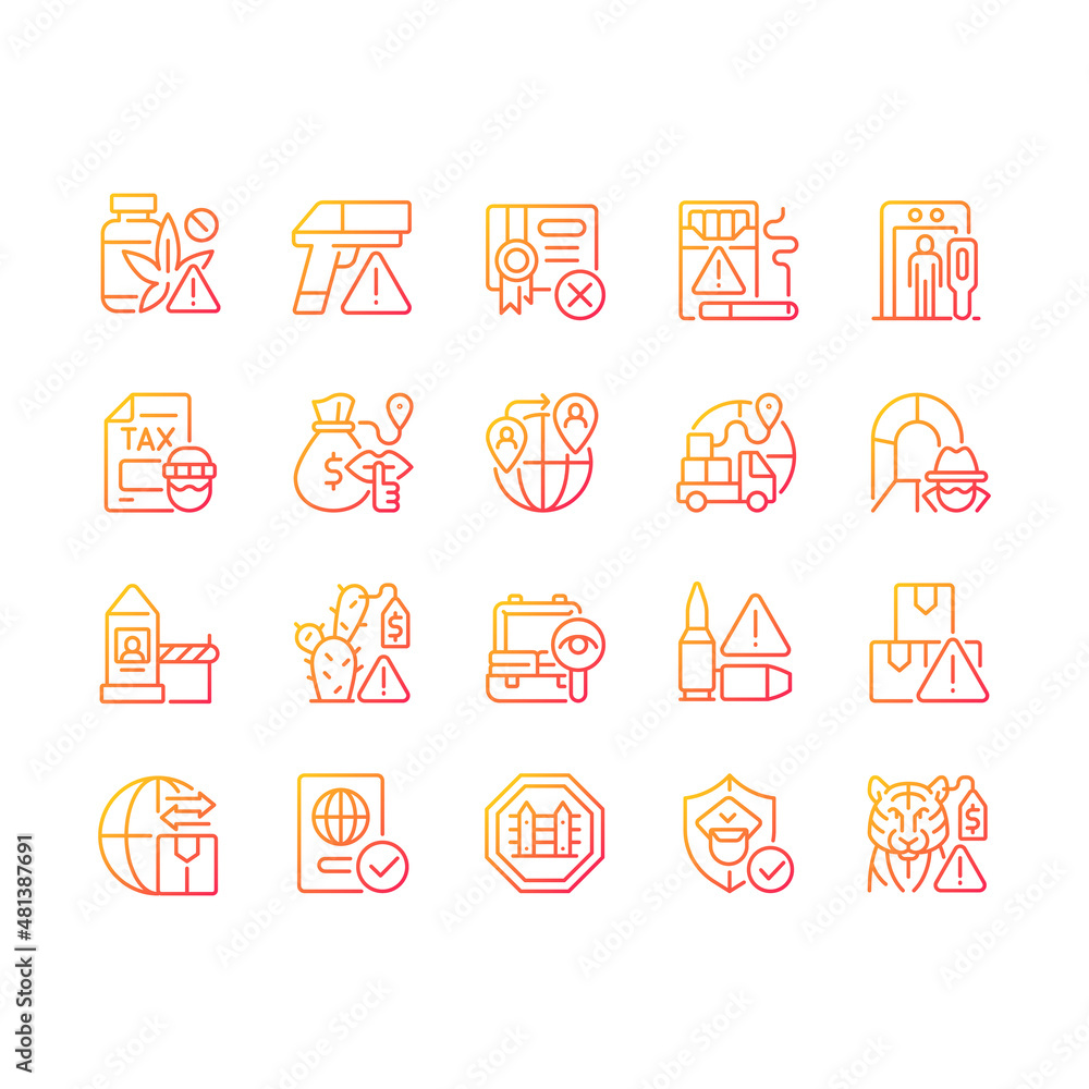 Poster smuggling gradient linear vector icons set. illegal import and export. illicit drugs trade. thin lin