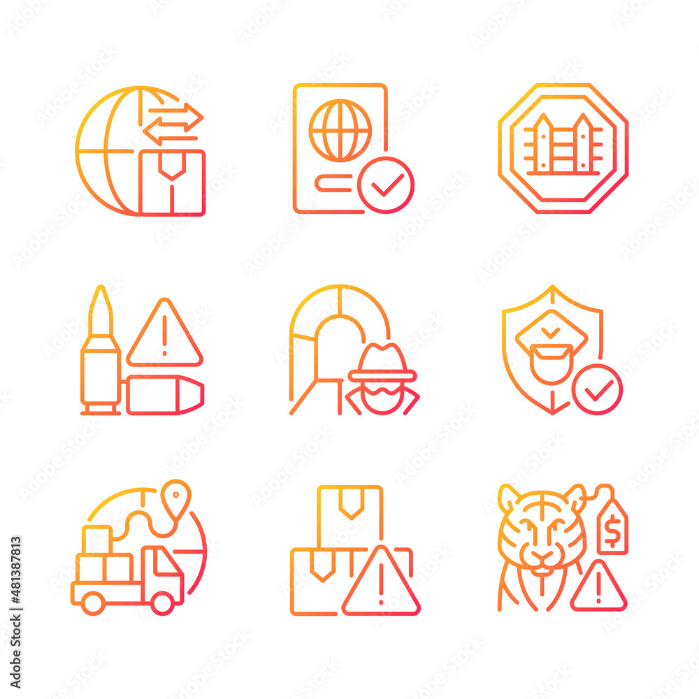 Poster international trading gradient linear vector icons set. customs officer. smuggling tunnel. border se