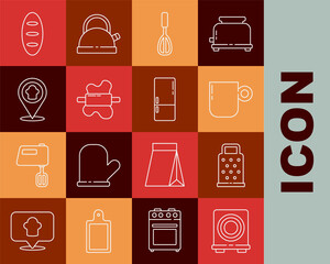 Set line Electric stove, Grater, Coffee cup, Kitchen whisk, Rolling pin on dough, Chef hat with location, Bread loaf and Refrigerator icon. Vector