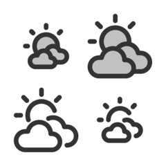 Pixel-perfect linear icon of sun with clouds (partly cloudy weather) built on two base grids of 32 x 32 and 24 x 24 pixels for easy scaling. The initial base line weight is 2 pixels. Editable strokes