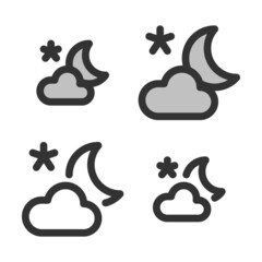 Pixel-perfect linear icon of partly cloudy night weather built on two base grids of 32x32 and 24x24 pixels. The initial line width is 2 pixels. In two-color and one-color versions. Editable strokes