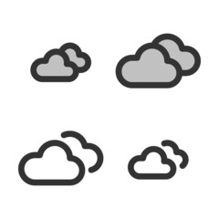 Pixel-perfect linear icon of clouds (cloudy weather) built on two base grids of 32 x 32 and 24 x 24 pixels. The initial line weight is 2 pixels. In two-color and one-color versions. Editable strokes