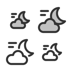 Pixel-perfect linear icon of crescent with cloud (cloudy night weather)   built on two base grids of 32x32 and 24x24 pixels for easy scaling. The base line weight is 2 pixels.  Editable strokes