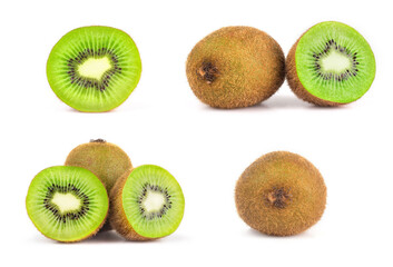 Fototapeta premium collection Whole kiwi fruit and his sliced segments isolated on white background. Close-up.