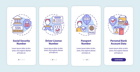 Highly sensitive data onboarding mobile app screen. Confidence walkthrough 4 steps graphic instructions pages with linear concepts. UI, UX, GUI template. Myriad Pro-Bold, Regular fonts used