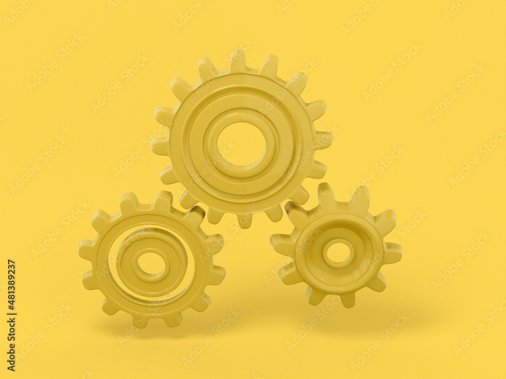 Poster yellow single color gears on a yellow monochrome background. minimalistic design object. 3d renderin