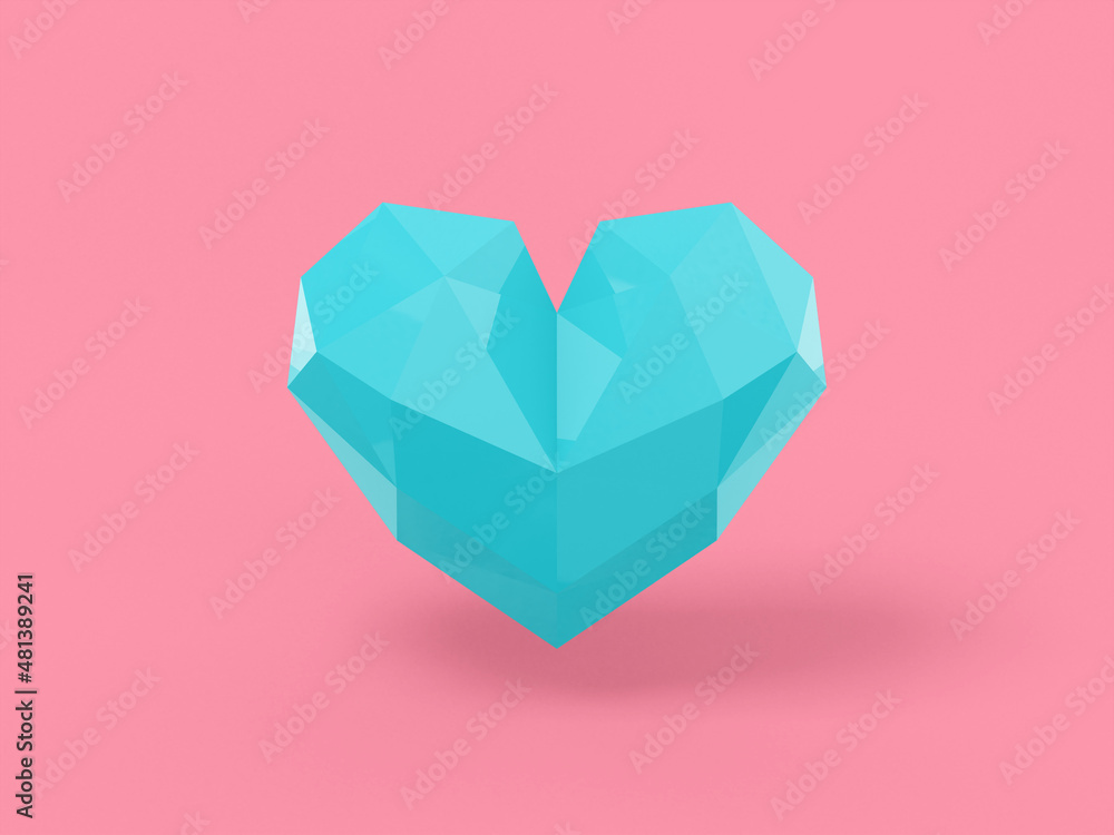 Poster low poly blue mono color heart on pink solid background. minimalistic design object. 3d rendering ic