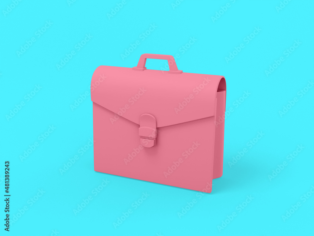 Poster pink one color briefcase on blue flat background. minimalistic design object. 3d rendering icon ui u