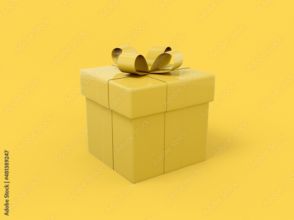Poster yellow gift box with ribbon and bow on a yellow background. minimalistic design object. 3d rendering