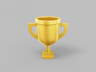 Gold single color prize cup on gray monochrome background. Minimalistic design object. 3d rendering icon ui ux interface element.