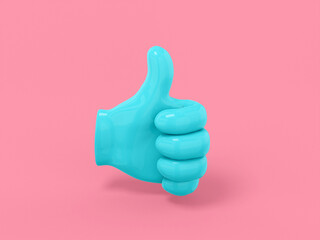 Blue one color palm with thumb up on pink flat background. Minimalistic design object. 3d rendering icon ui ux interface element.