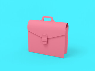 Pink one color briefcase on blue flat background. Minimalistic design object. 3d rendering icon ui ux interface element.