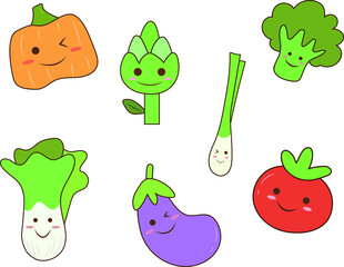 Set of cartoon vegetables, cabbage, broccoli, eggplant, pumpkin, onion, tomato, turnip