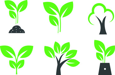 Eco icons set, green tree, plant, ecology, seedlings, leaves, garden, flowers