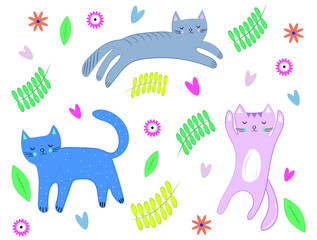 Colorful background with colorful cats, flowers, plants, cartoon cats, cats set, pets