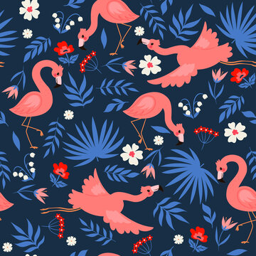 Seamless pattern with flamingos and flowers. Vector graphics.