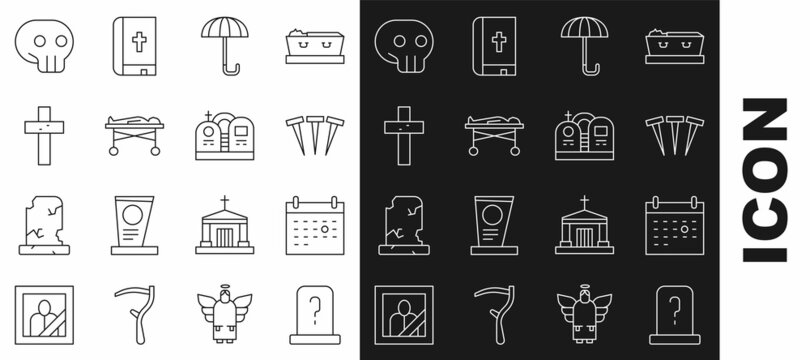 Set line Grave with tombstone, Calendar death, Metallic nails, Umbrella, Dead body in the morgue, Christian cross, Skull and icon. Vector